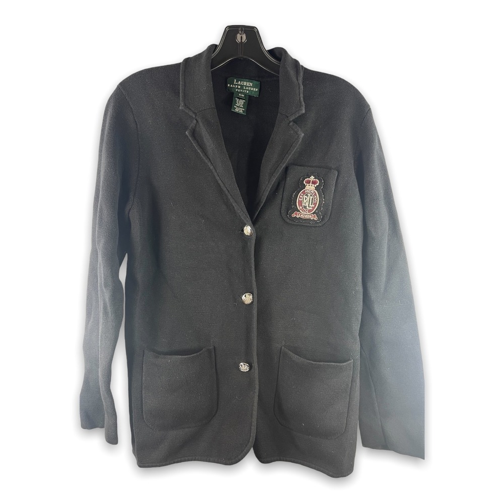 Lauren Ralph Lauren Petite Women's Wool Blazer Jacket Logo Crest Black P/M- EUC